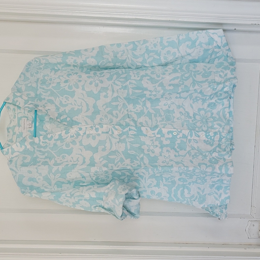 Blue floral Linen blouse
